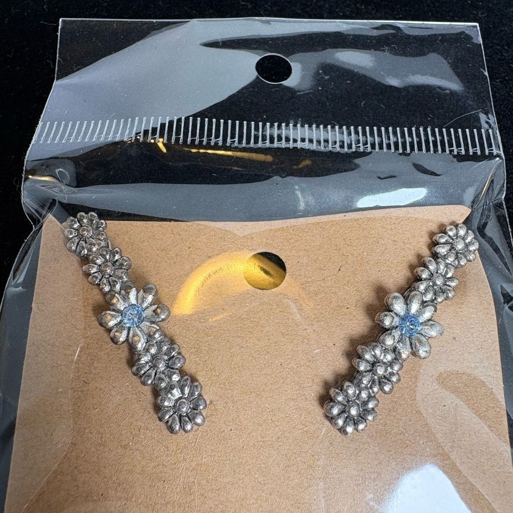 Floral Silver Tone Barrettes with Blue Rhinestone Accent